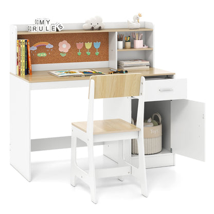 Kids Study Desk and Chair Set with Shelves and Storage Cabinet-Natural