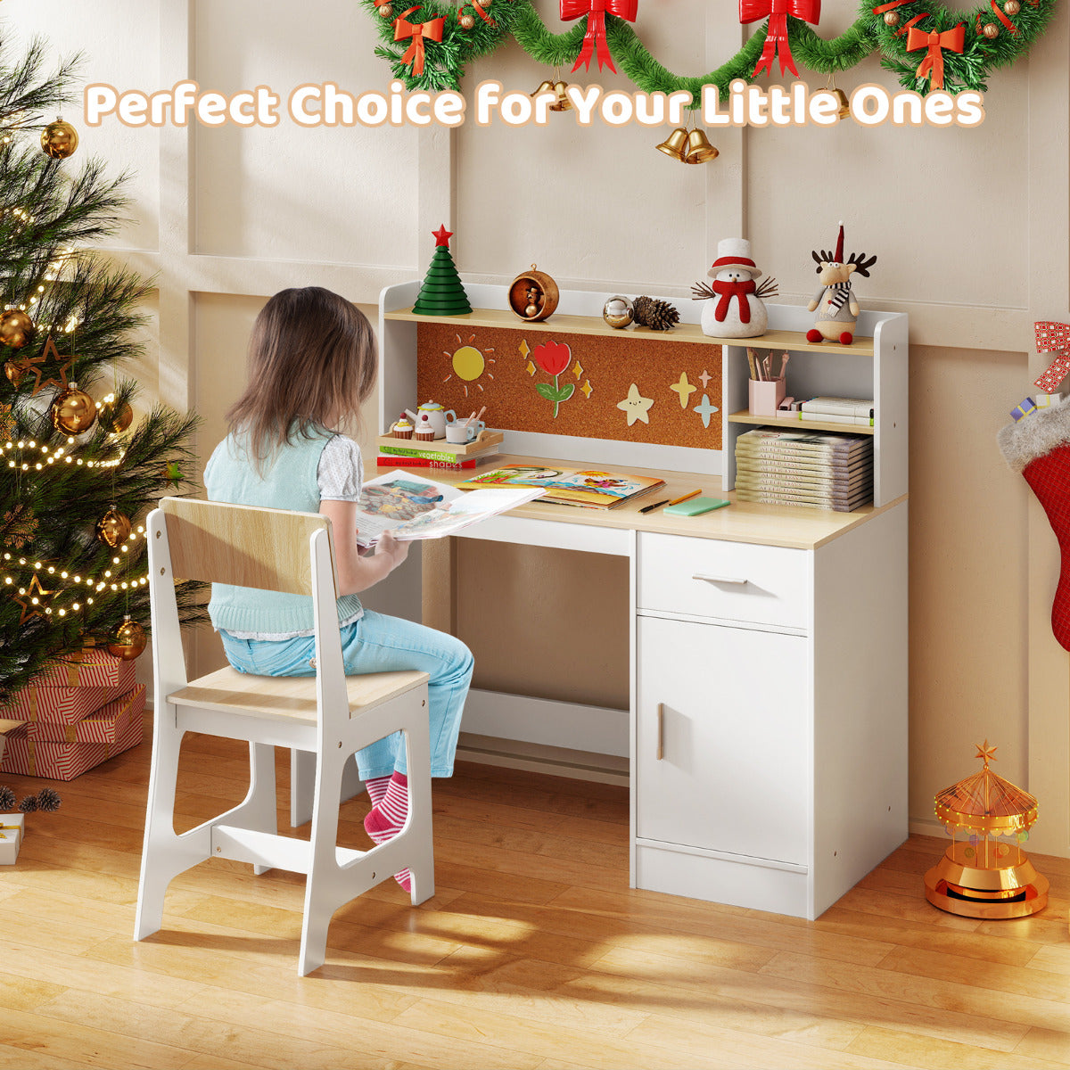 Kids Study Desk and Chair Set with Shelves and Storage Cabinet-Natural