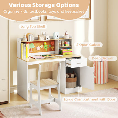 Kids Study Desk and Chair Set with Shelves and Storage Cabinet-Natural