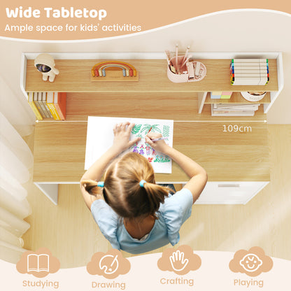 Kids Study Desk and Chair Set with Shelves and Storage Cabinet-Natural