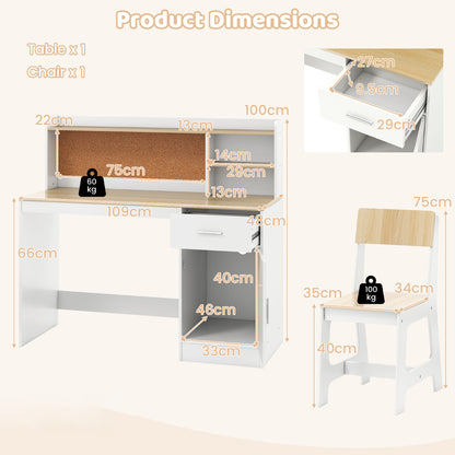 Kids Study Desk and Chair Set with Shelves and Storage Cabinet-Natural