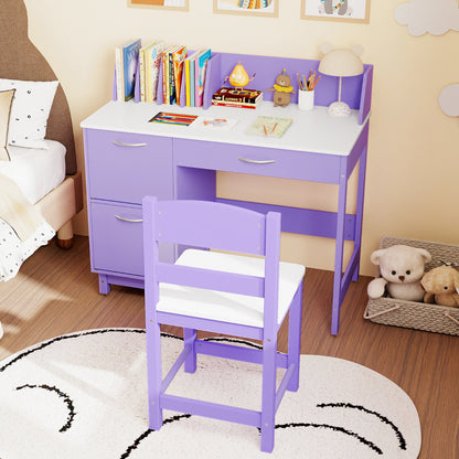 Kid's Study Desk and Chair Set with Deep Drawer and Enclosed Cabinets-Purple
