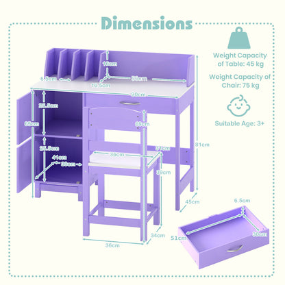 Kid's Study Desk and Chair Set with Deep Drawer and Enclosed Cabinets-Purple