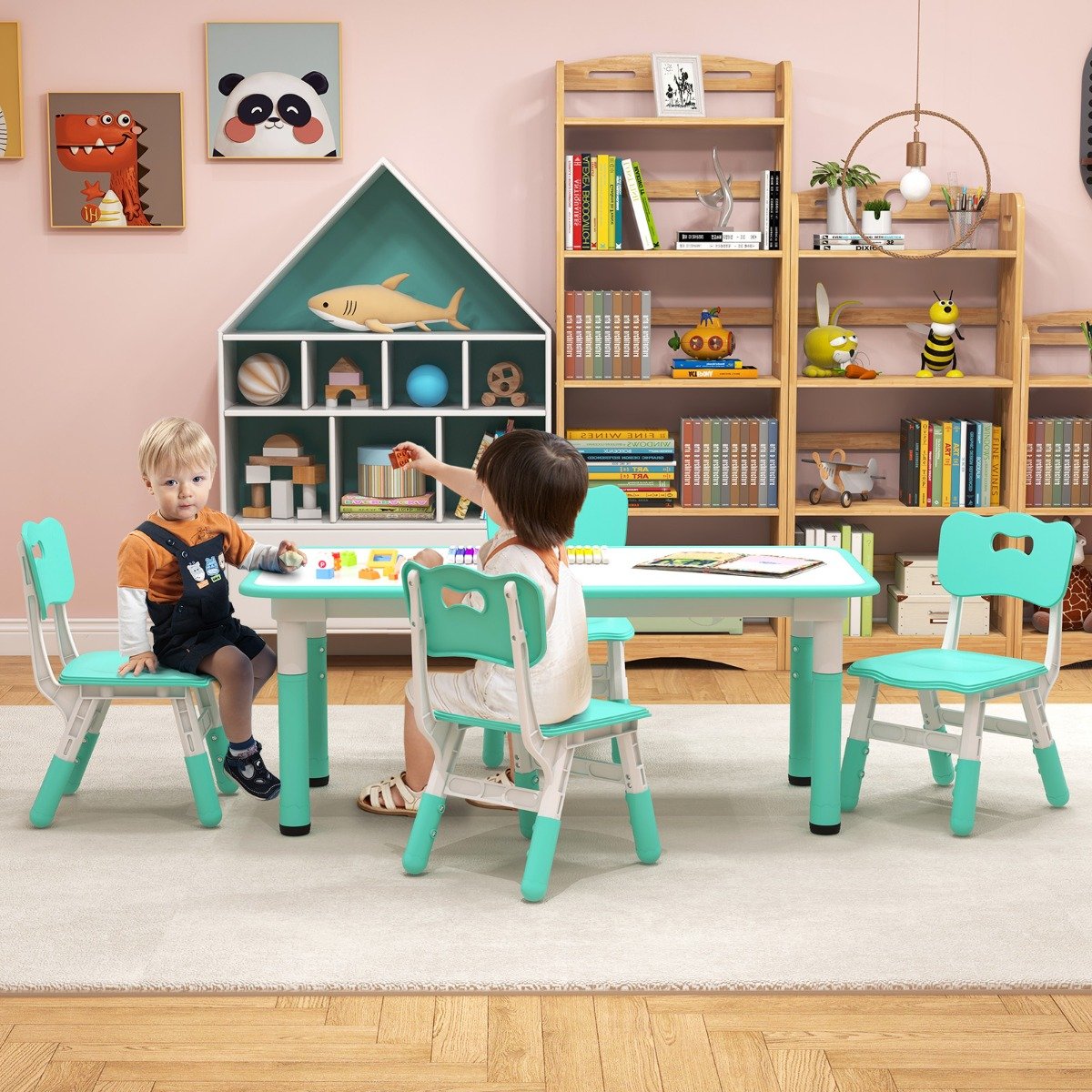 Kids Table and 4 Chairs Set with Graffiti Desktop for Home Daycare School-Green