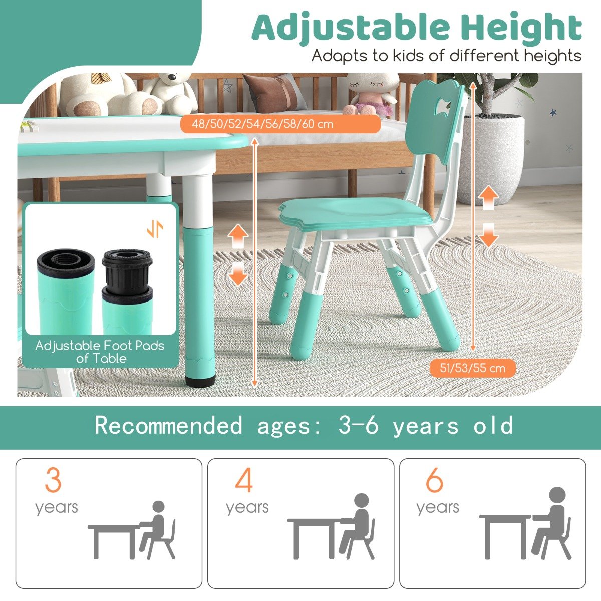 Kids Table and 4 Chairs Set with Graffiti Desktop for Home Daycare School-Green