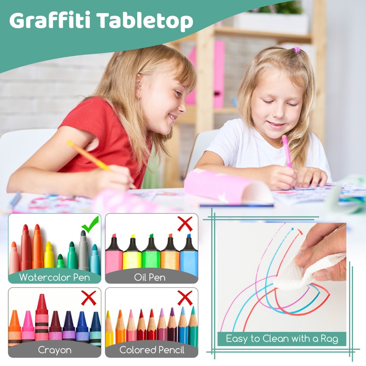 Kids Table and 4 Chairs Set with Graffiti Desktop for Home Daycare School-Green