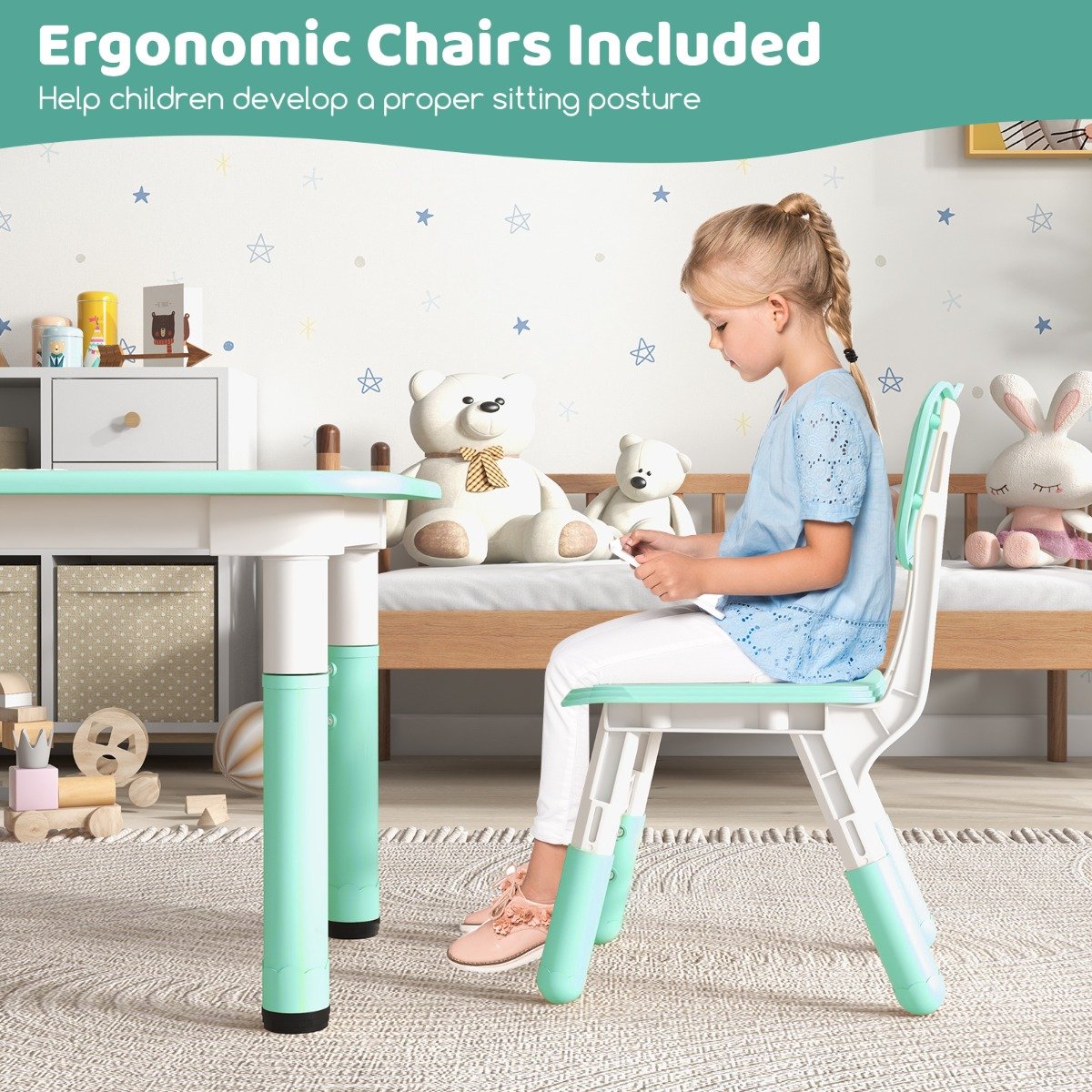 Kids Table and 4 Chairs Set with Graffiti Desktop for Home Daycare School-Green