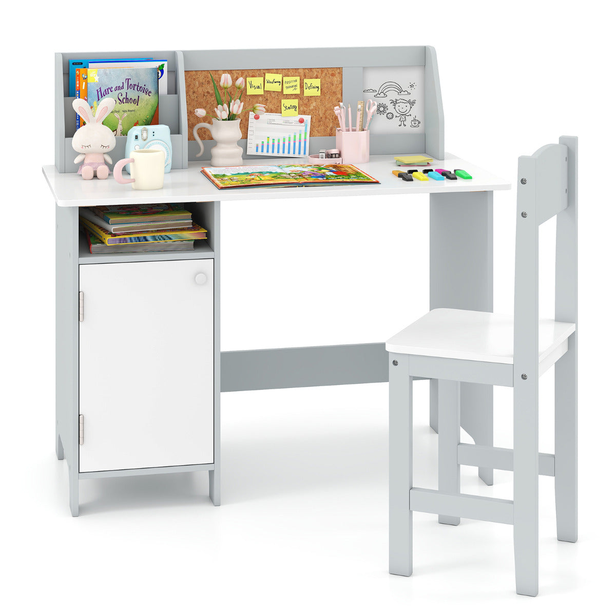 Kids Table and Chair Set with Hutch and Cabinet-Gray & White
