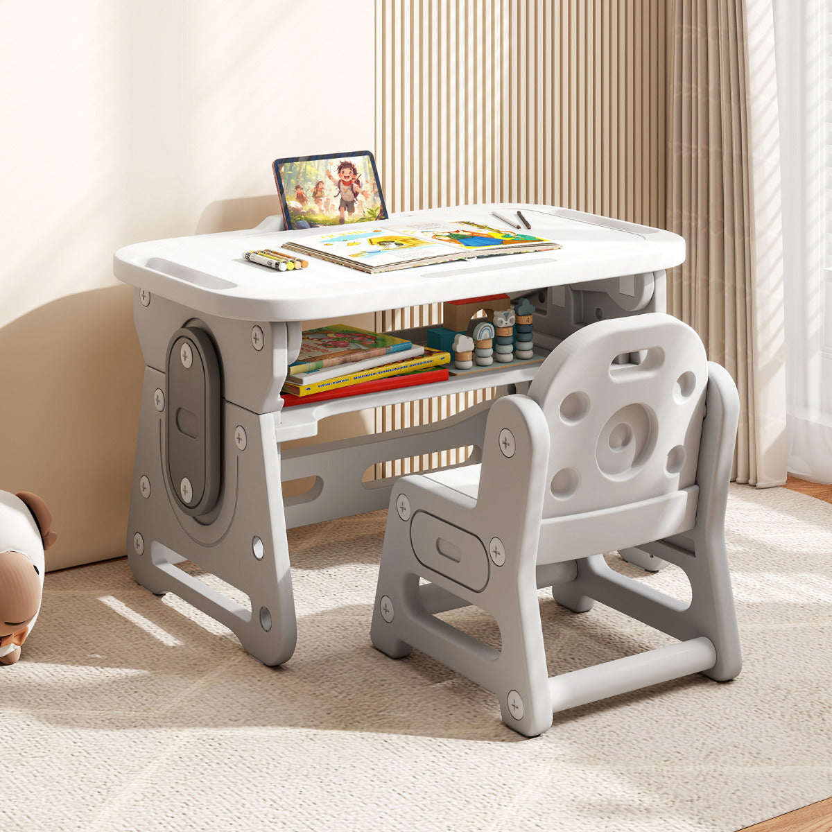 Kids Table and Chair Set with Tiltable Whiteboard and Book Stand-Grey