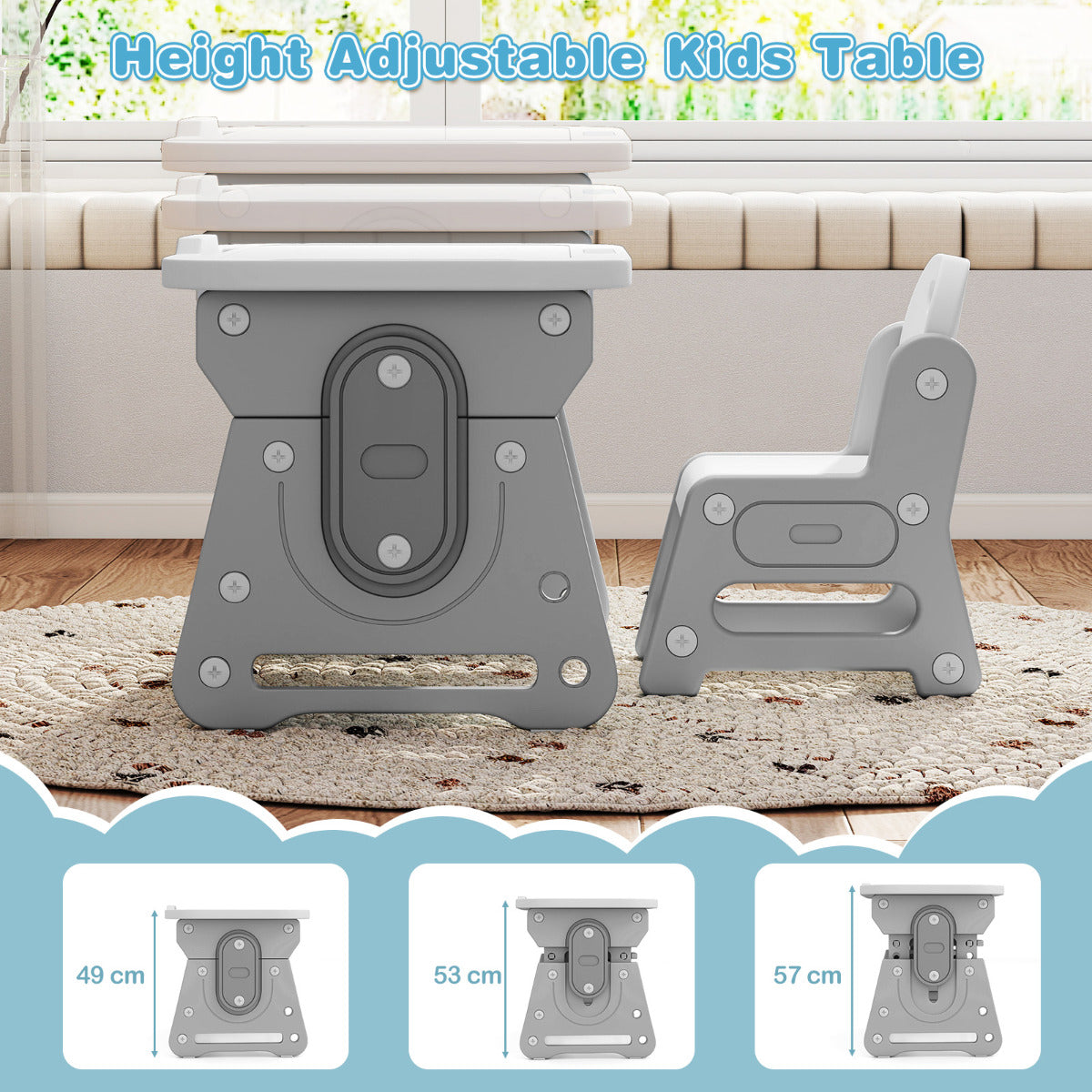 Kids Table and Chair Set with Tiltable Whiteboard and Book Stand-Grey