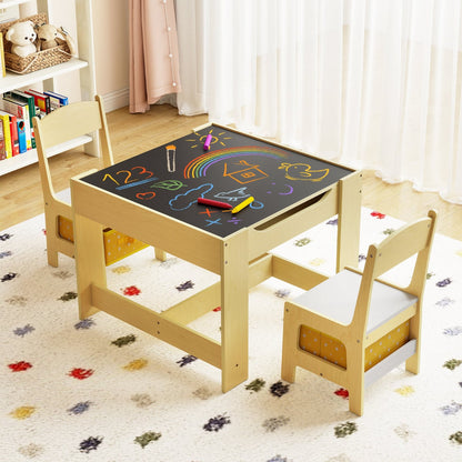 Kids Table Chair Set with Double Side Tabletop Table and Storage Box-Natural