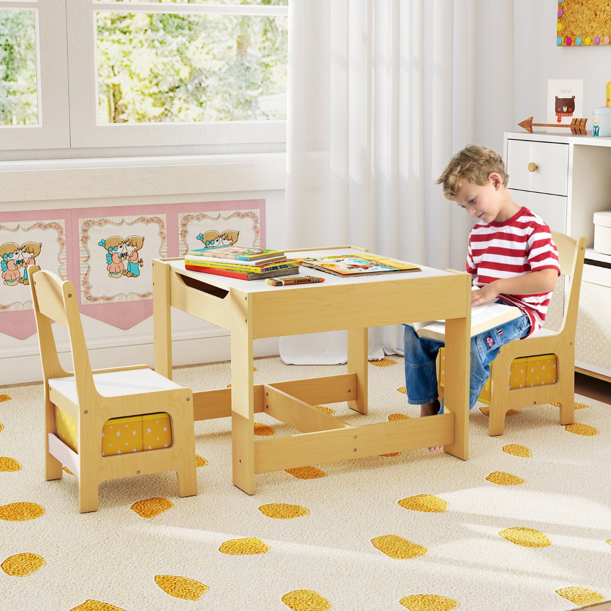Kids Table Chair Set with Double Side Tabletop Table and Storage Box-Natural