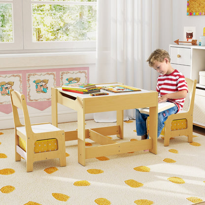Kids Table Chair Set with Double Side Tabletop Table and Storage Box-Natural