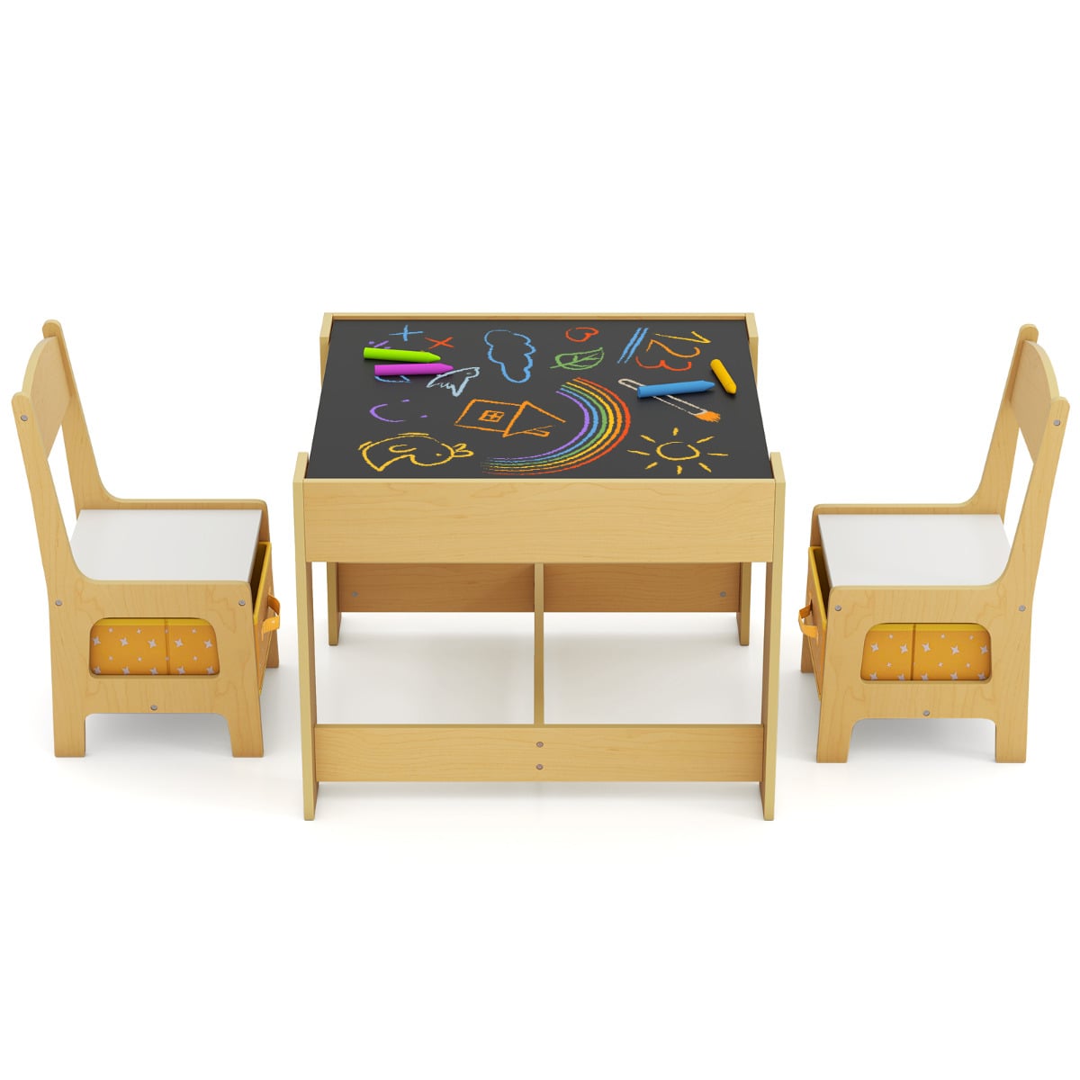 Kids Table Chair Set with Double Side Tabletop Table and Storage Box-Natural