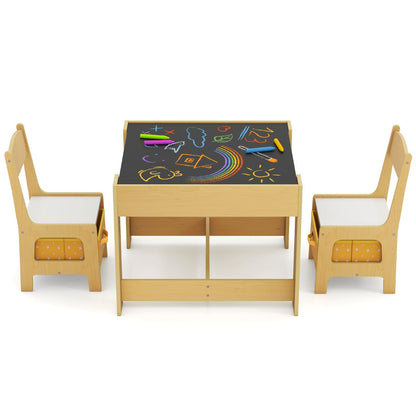 Kids Table Chair Set with Double Side Tabletop Table and Storage Box-Natural