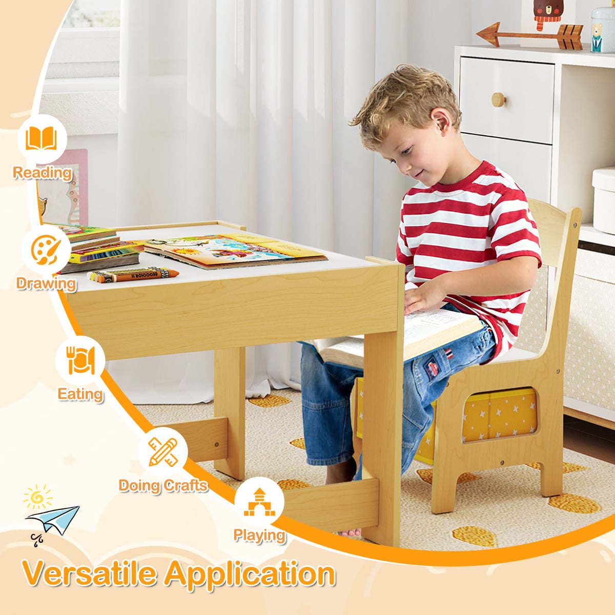 Kids Table Chair Set with Double Side Tabletop Table and Storage Box-Natural