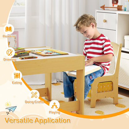 Kids Table Chair Set with Double Side Tabletop Table and Storage Box-Natural