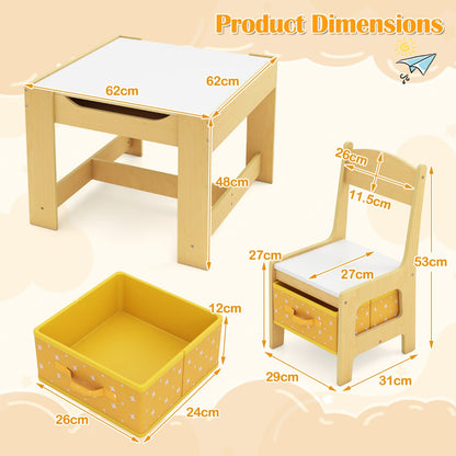 Kids Table Chair Set with Double Side Tabletop Table and Storage Box-Natural