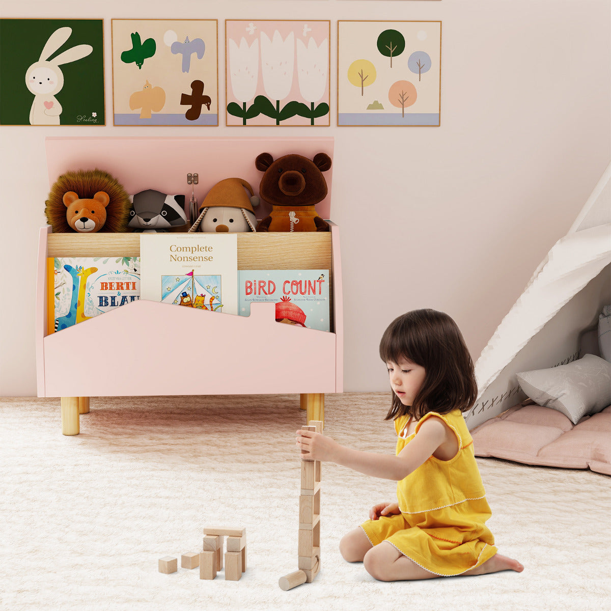 Multifunctional Kids Toy Box with Safety Hinge for Playroom-Pink