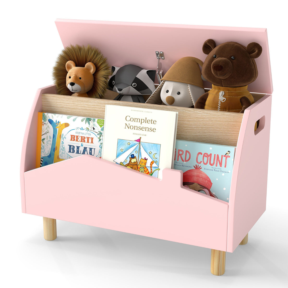 Multifunctional Kids Toy Box with Safety Hinge for Playroom-Pink
