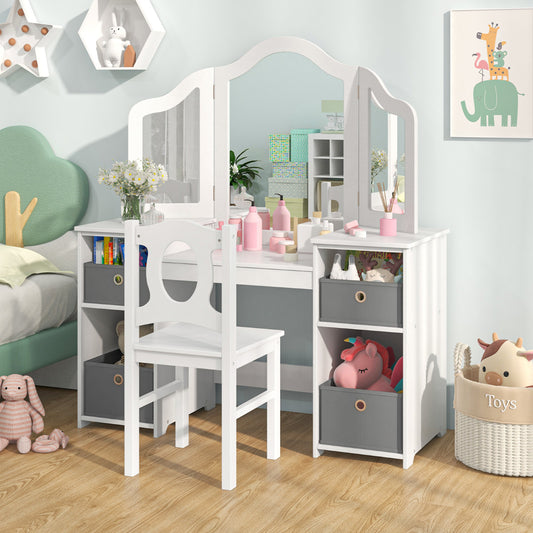 Kids Vanity Desk &amp; Chair 2 in 1 Toddler Makeup Pretend Play Table-White