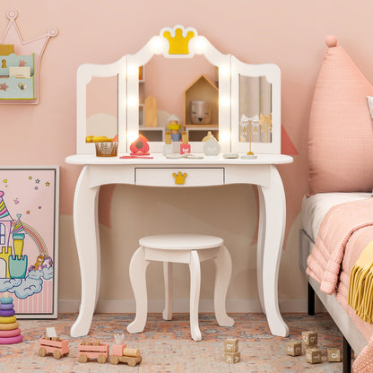 Kids Vanity Set with Lighted Mirror and Adjustable Brightness Pull-out Drawer and Stool-White