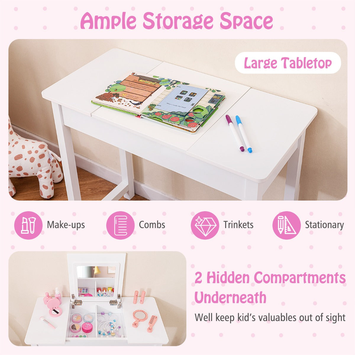 2-in-1 Kids Vanity Makeup Table and Chair Set with Flip Top Mirror-White
