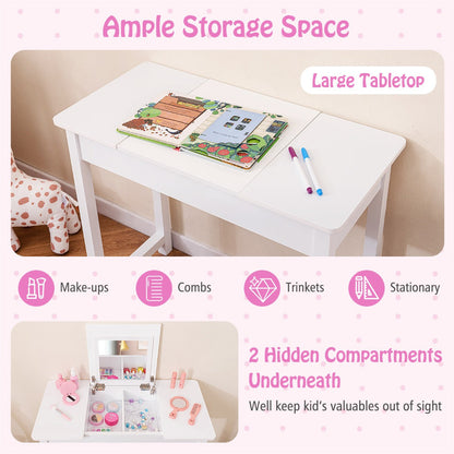 2-in-1 Kids Vanity Makeup Table and Chair Set with Flip Top Mirror-White