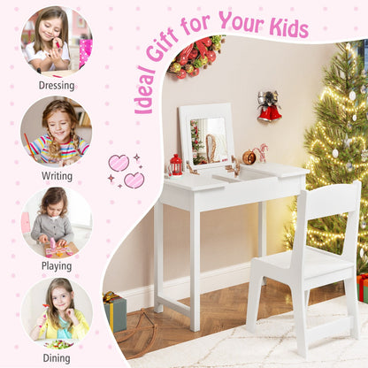 2-in-1 Kids Vanity Makeup Table and Chair Set with Flip Top Mirror-White