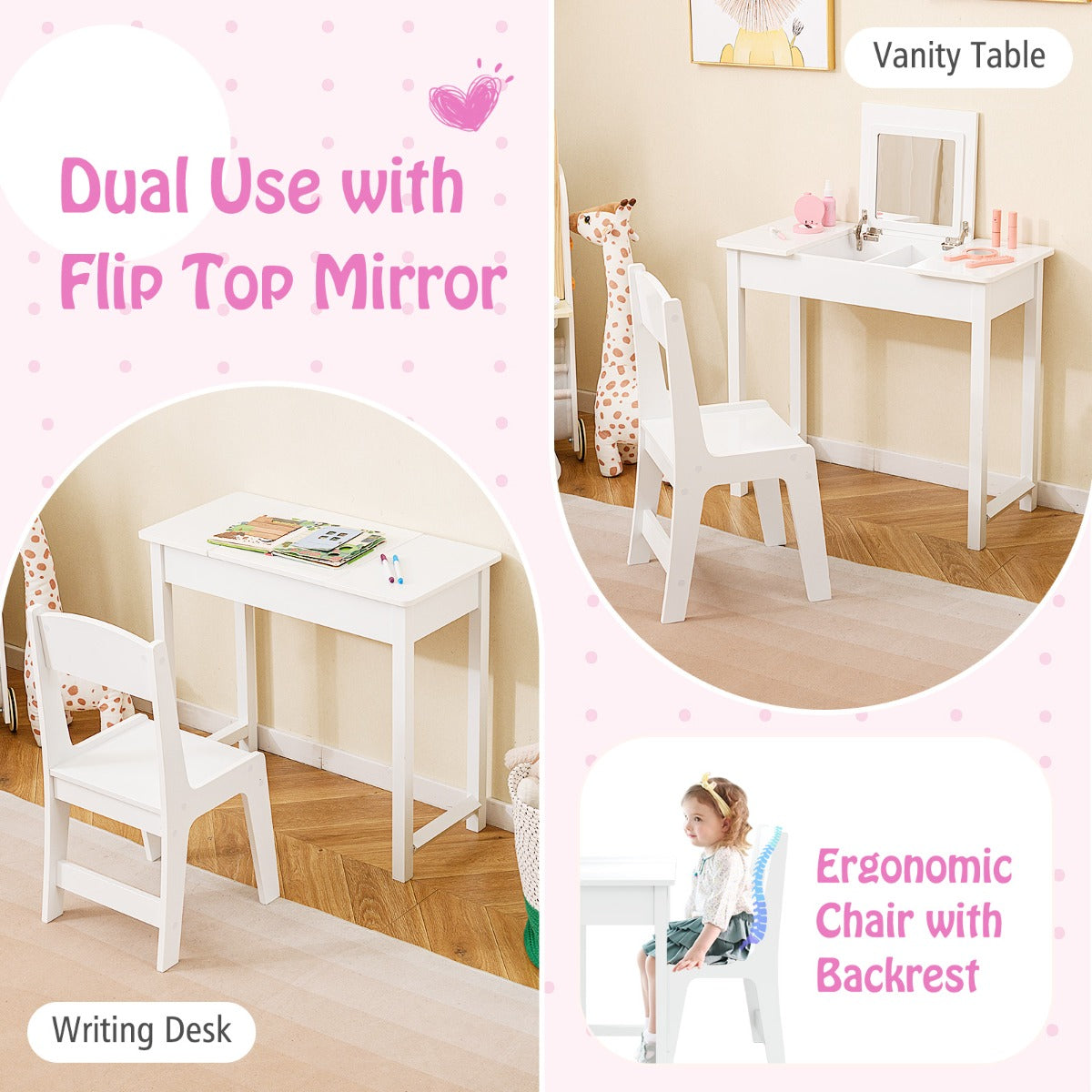 2-in-1 Kids Vanity Makeup Table and Chair Set with Flip Top Mirror-White