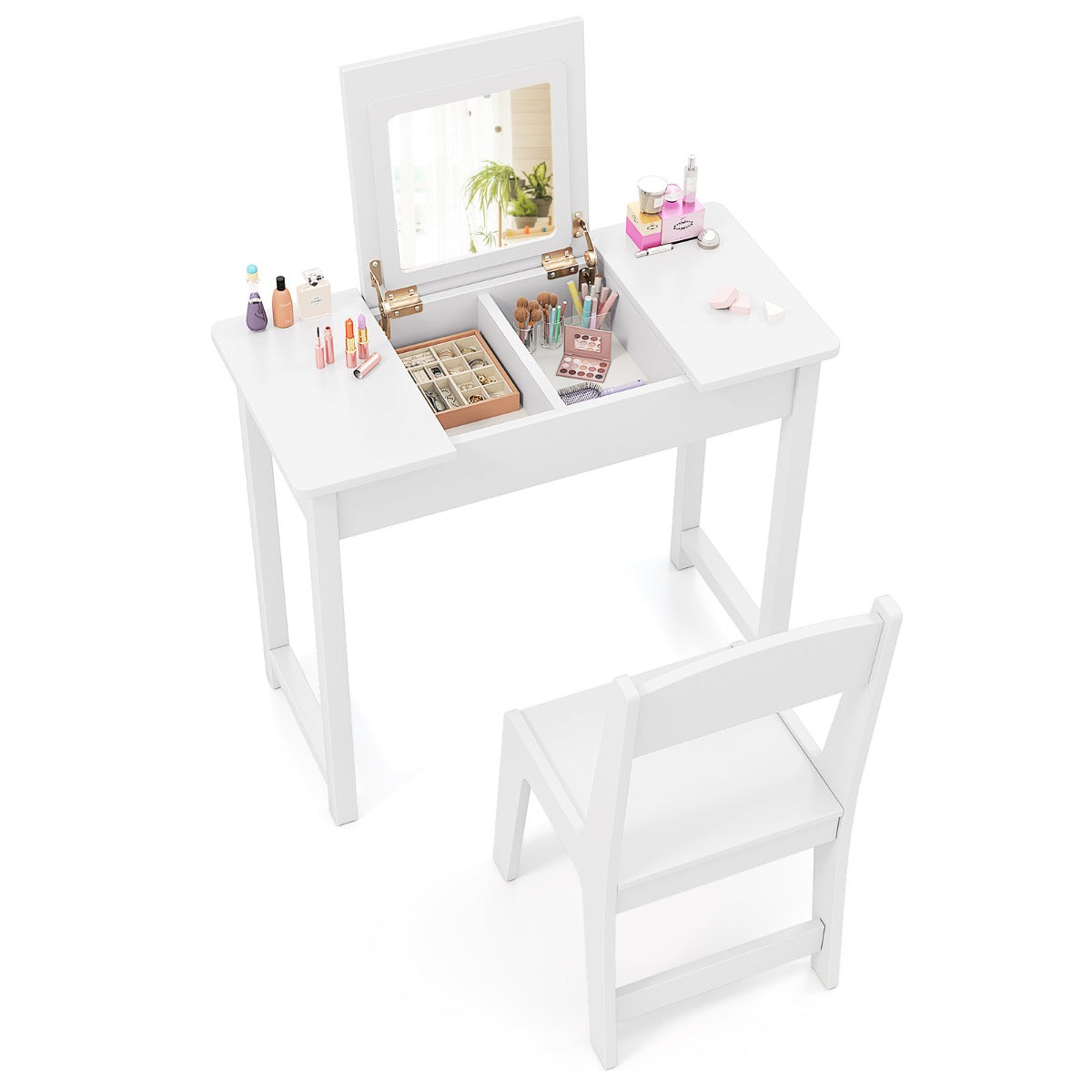 2-in-1 Kids Vanity Makeup Table and Chair Set with Flip Top Mirror-White