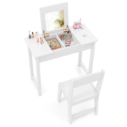 2-in-1 Kids Vanity Makeup Table and Chair Set with Flip Top Mirror-White