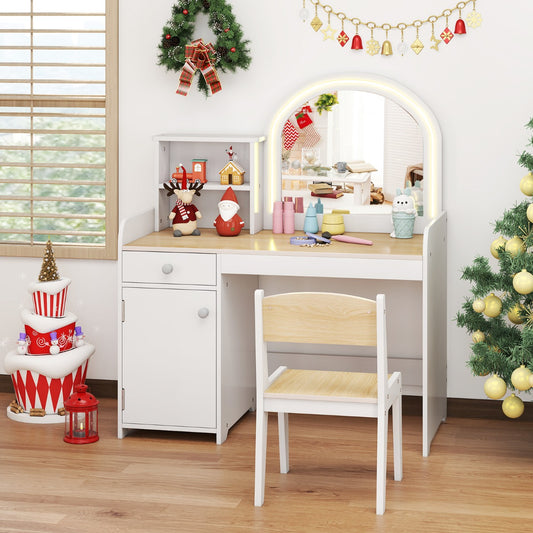 Kids Vanity Table and Chair Set with Shelves Drawer and Cabinet-Natural & White