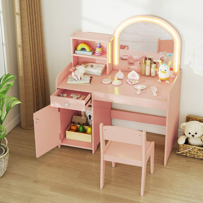 Kids Vanity Table and Chair Set with Shelves Drawer and Cabinet-Light Pink