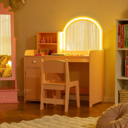 Kids Vanity Table and Chair Set with Shelves Drawer and Cabinet-Light Pink