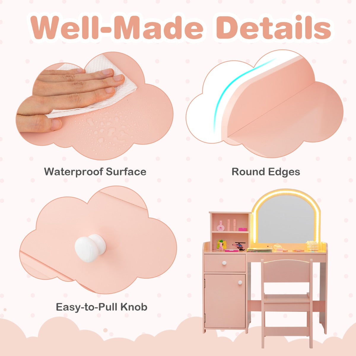 Kids Vanity Table and Chair Set with Shelves Drawer and Cabinet-Light Pink