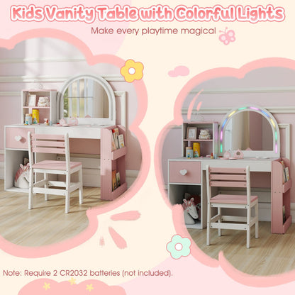 Kids Vanity Table and Chair Set with Lighted Mirror Open Storage Shelves-Pink & White