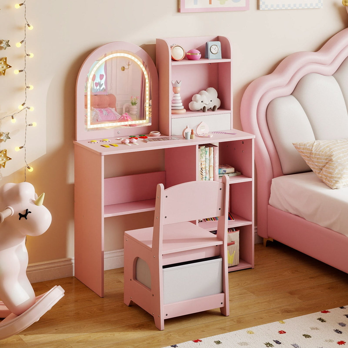 Kids Vanity Table and Chair Set with 3-color Lighted Mirror for 3+ Years Old-Pink