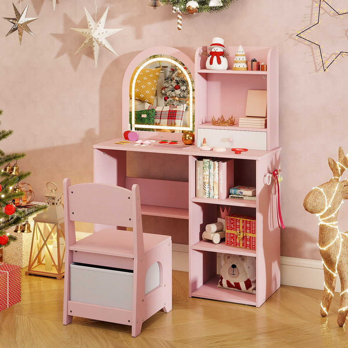 Kids Vanity Table and Chair Set with 3-color Lighted Mirror for 3+ Years Old-Pink