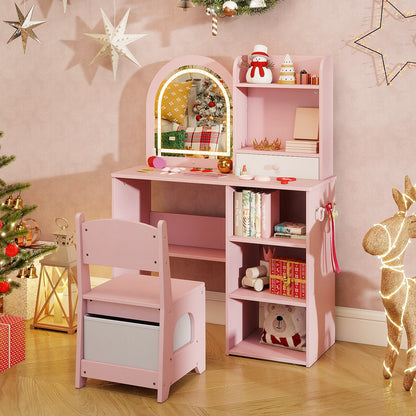 Kids Vanity Table and Chair Set with 3-color Lighted Mirror for 3+ Years Old-Pink