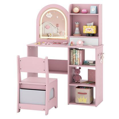 Kids Vanity Table and Chair Set with 3-color Lighted Mirror for 3+ Years Old-Pink