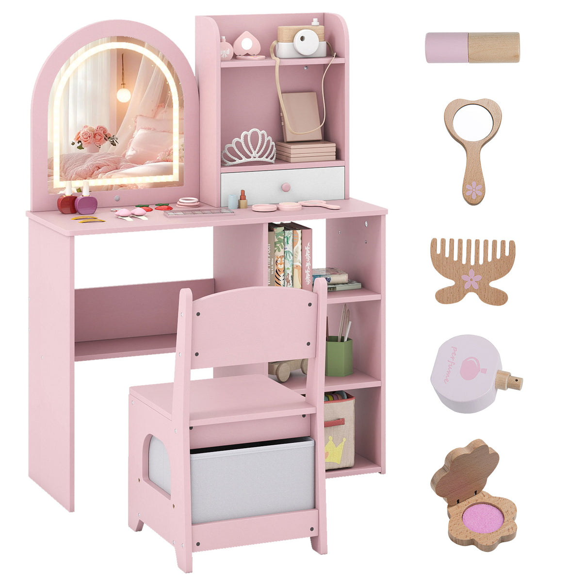 Kids Vanity Table and Chair Set with 3-color Lighted Mirror for 3+ Years Old-Pink