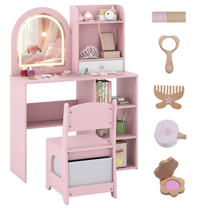 Kids Vanity Table and Chair Set with 3-color Lighted Mirror for 3+ Years Old-Pink