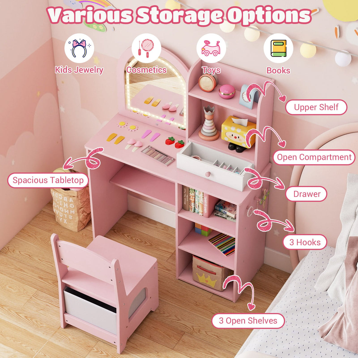 Kids Vanity Table and Chair Set with 3-color Lighted Mirror for 3+ Years Old-Pink