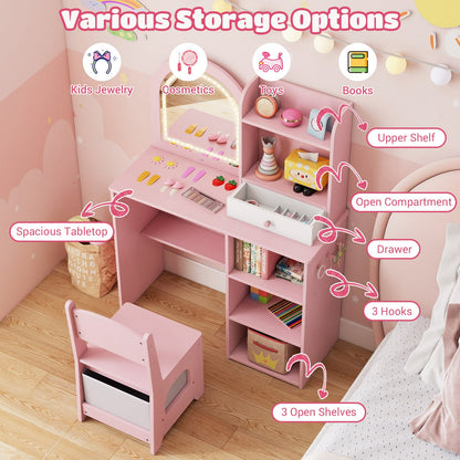 Kids Vanity Table and Chair Set with 3-color Lighted Mirror for 3+ Years Old-Pink