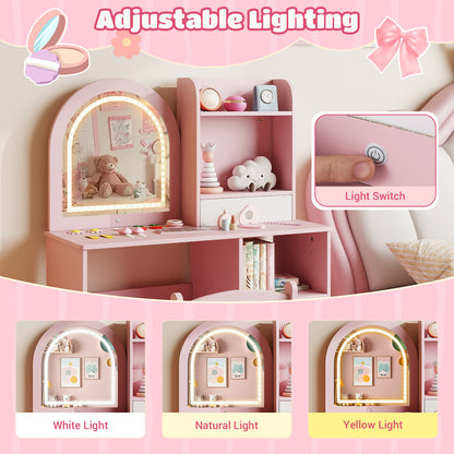 Kids Vanity Table and Chair Set with 3-color Lighted Mirror for 3+ Years Old-Pink
