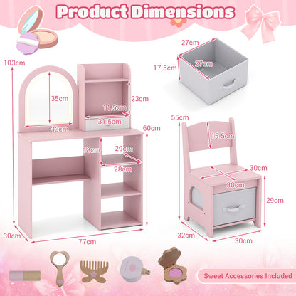 Kids Vanity Table and Chair Set with 3-color Lighted Mirror for 3+ Years Old-Pink