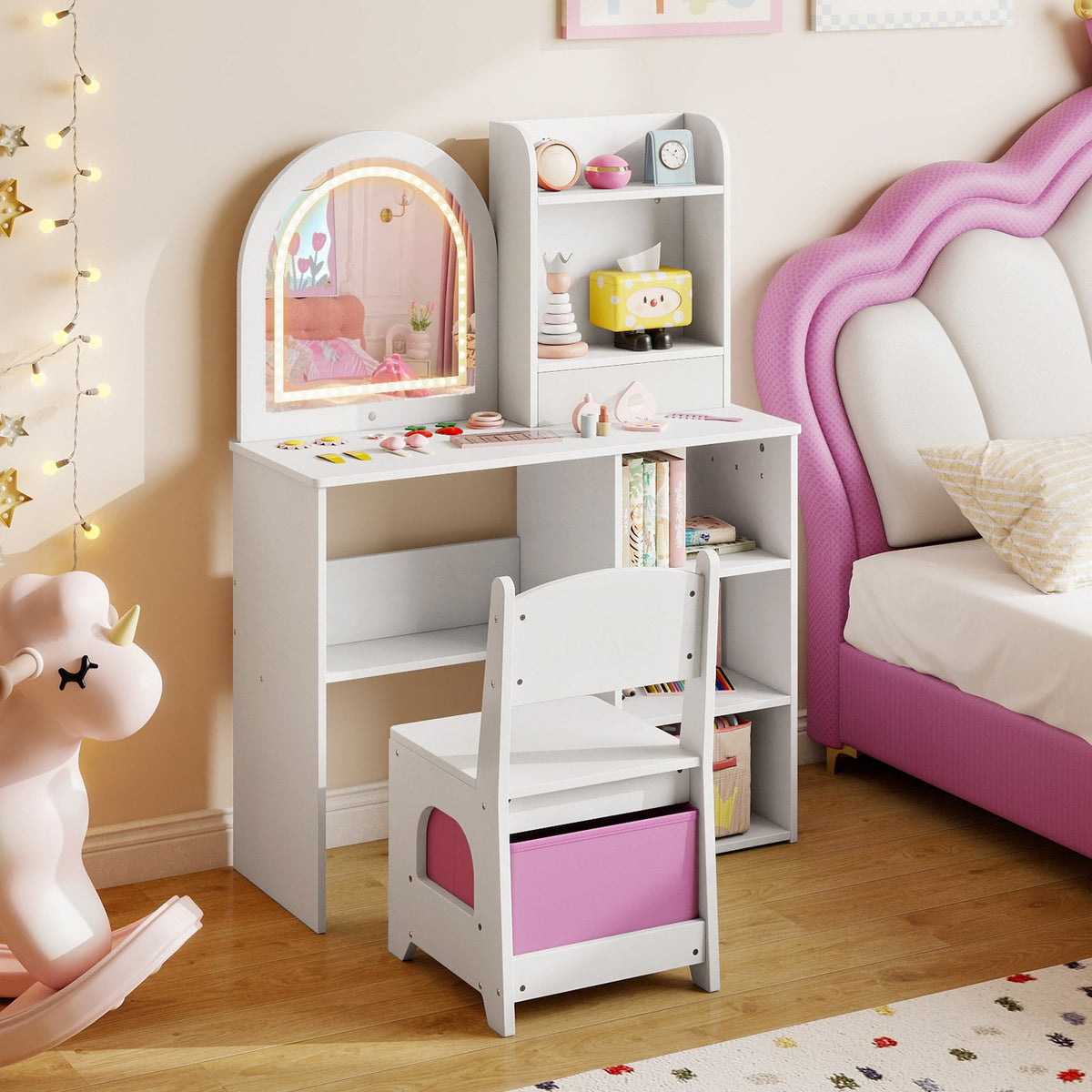Kids Vanity Table and Chair Set with 3-color Lighted Mirror for 3+ Years Old-White