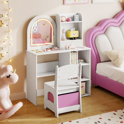 Kids Vanity Table and Chair Set with 3-color Lighted Mirror for 3+ Years Old-White