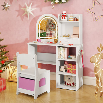 Kids Vanity Table and Chair Set with 3-color Lighted Mirror for 3+ Years Old-White